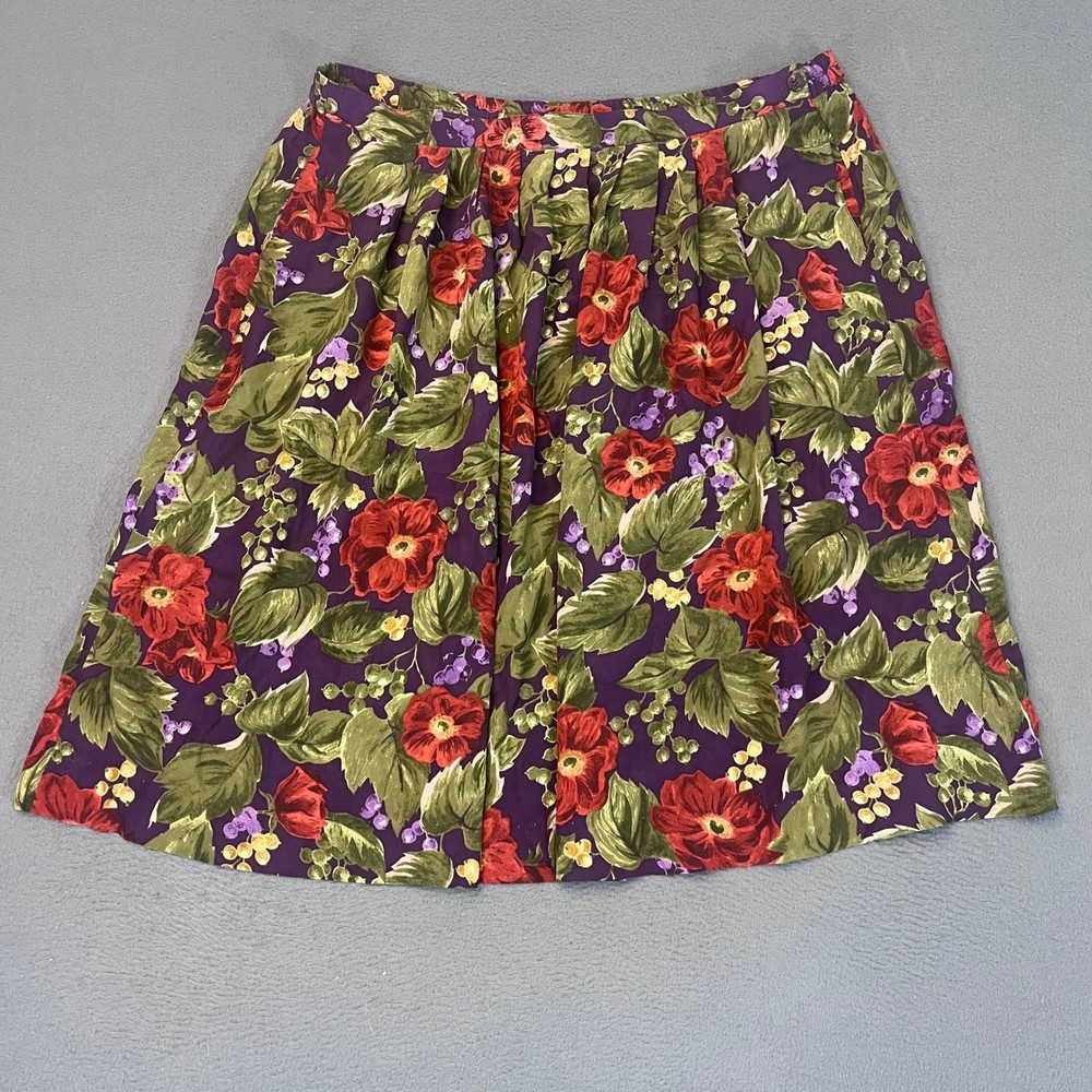 Alfred Dunner Vintage 100% Silk Floral Midi Skirt Purple Red Green Size 18