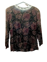 VTG Scott McClintock Blouse Dark Floral Paisley Lace Round Neck Prairie, Large