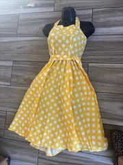 Vintage 50s Sundress Yellow White Polka Dots Fit and Flare Size S Adjustable