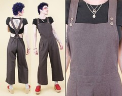 90s does 40s Vtg Grey Overalls Wide Leg Suspender Jumpsuit Polyester M W26-30″