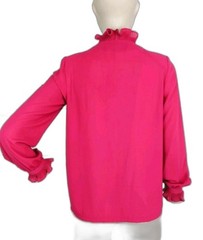 Vintage 60s Wing Tat Pink Ruffled Yoke and Wrists Pearl Button-Down Blouse
