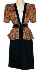 Vintage 1980s red floral peplum dress, 1940s style short sleeve midi black suit