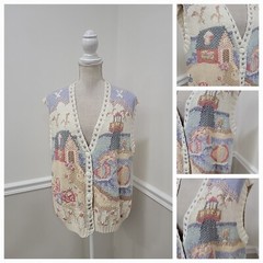 VTG BELDOCH POPPER USA Sweater Vest Lighthouse, Sailboats, House,Birds NWT