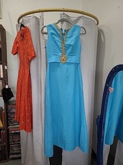 70s Vintage Elegant Blue Sleeveless Dress with Gold Embellishments