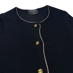 CHANEL Vintage CC Logo Knit Long Cardigan Button Black White Dress 105495