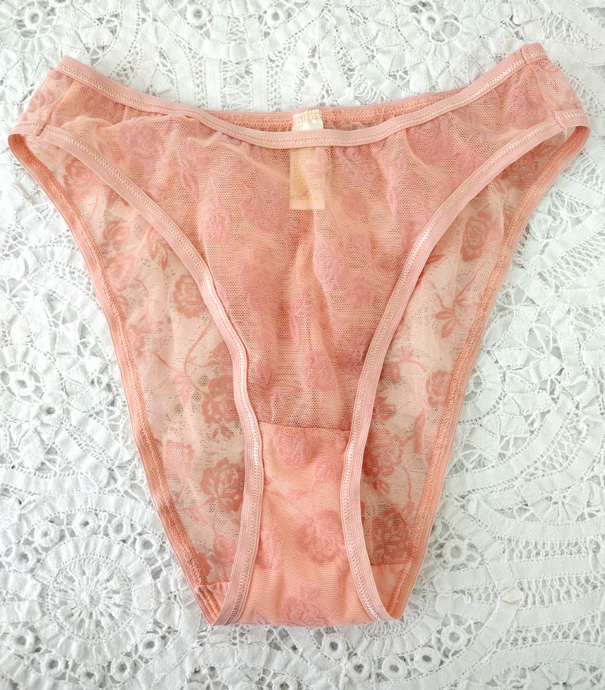 Vtg 1980s Pink SEARS Sheer Floral Flocked Tanga High Rise French Cut Panty 5 S