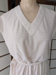 Vtg 1970s 80s Textured Terry Cloth Dress Swim Cover-up White Sz L Belted V-Neck