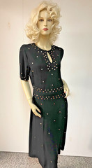 Stunning Prong Set Studded Vintage 1940s Black Rayon Mid Calf Dress Bust 38-39