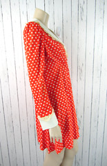 Vintage 70s Orange Polka Dot Wide Collar Wrap Mini Dress Mod Eyelet S/M