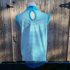Vintage 80s Idioms Striped Mock Neck Top Teal Blue White Sleeveless Knit Large