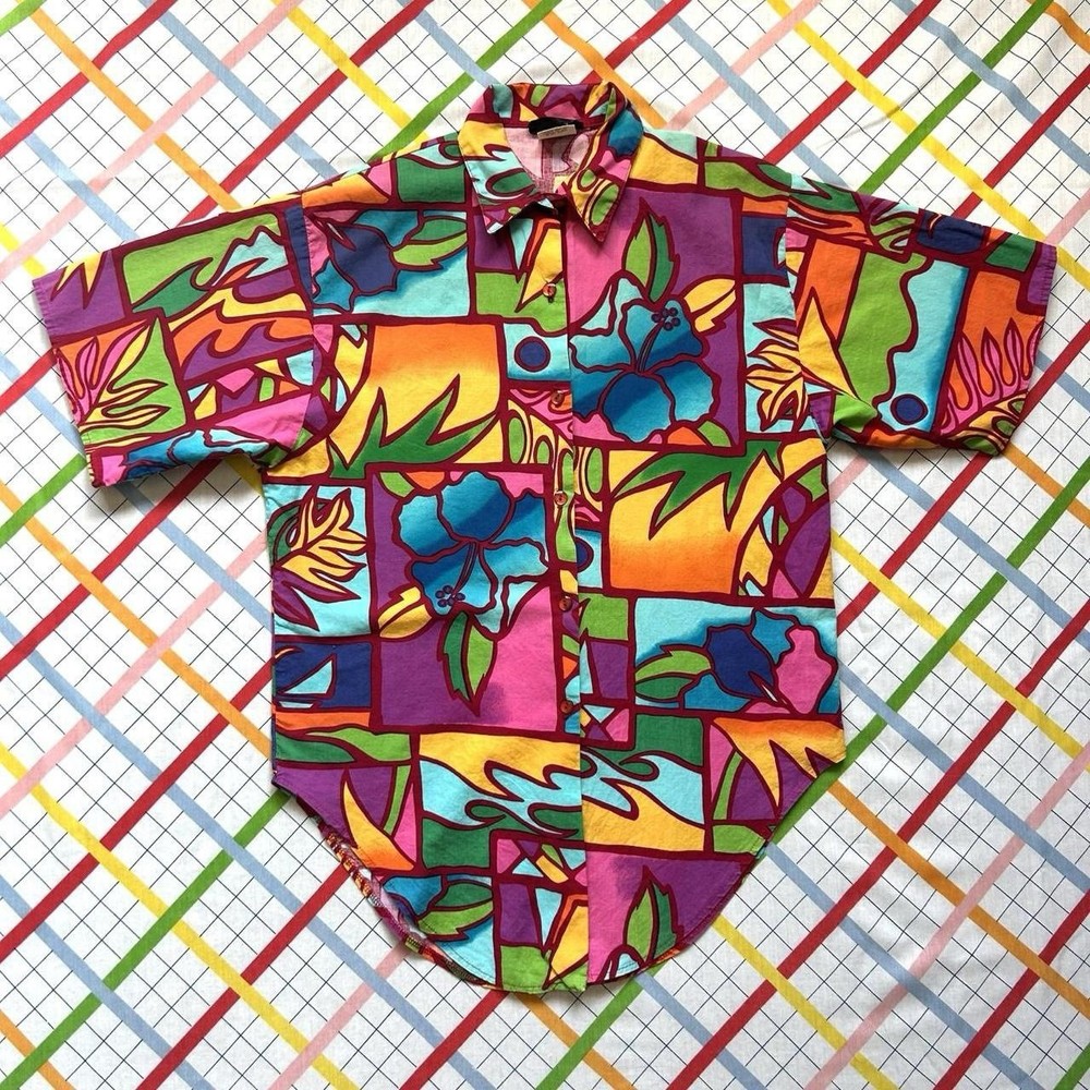 Vintage Vicky Barr 90s Hawaiian Shirt Women Medium Bright Abstract Floral Print