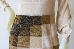 1970s Lurex Glitter Knit Maxi Dress Gold Brown Checkerboard Geometric Long Sleev