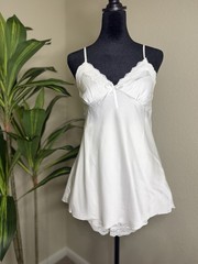 Women’s White Satin-Look Slip Lingerie with Lace Trim Camisole Chemise