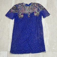 Vintage Laurence Kazar Beaded Sequin Pure Silk Dress Top 2x EUC Blue