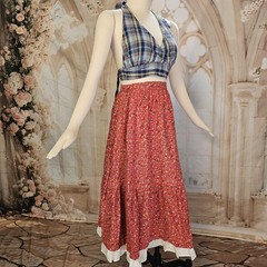 Vintage 1970s Skirt Red Calico Floral Ruffled White Eyelet Lace Western American