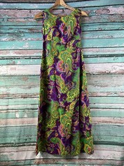 Vtg Karen Ann Hawaiian Maxi Psychedelic Print Bark Cloth Hostess Dress Neon