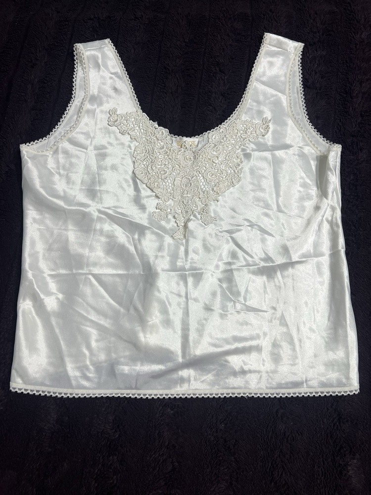 Vintage Escapades Satin Camisole Slip Top Medium Ivory Lace Made USA