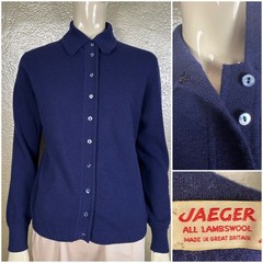 Vintage 1960s Ladies JAEGER Blue Lambswool Great Britain Blue Cardigan Sweater L