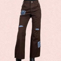 Vintage 70s Lee Riders Brown Denim Altered DIY Punk Patch Spike Flare Jeans 29″
