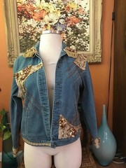 MARY FRANCES EMBELLISHED GOLD BEADS DENIM JACKET LIGHT WEAR LARGE ONE OWNER