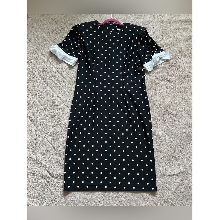 Vtg TF Polka Dot Midi Dress Shoulder Pads Cottage Preppy Bows Whimsical Sz 10
