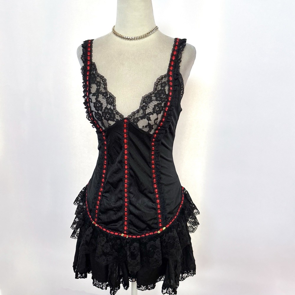 Vintage 1980s Tosca Lingerie Black & Red Satin Lace Cami Top M Goth Grunge