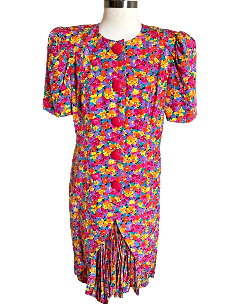 Vintage Raul Blanco 100% Silk Dress Size 12 Vibrant Floral 1980s Pink Purple