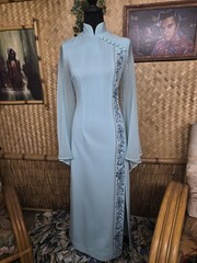 Vintage Shaheen Asian Inspired Hawaiian Aloha Dress In Rare Light Blue w1189