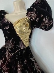 Vintage 1980s velvet moon dress puffed sleeve formal novelty print black gold S