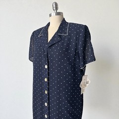 NWT VTG 90s Plaza South Coast 12P Maxi Navy Blue & White Polka Dot Shirt Dress