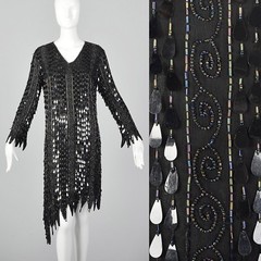 XS 1970s Frank Usher Beaded Silk Dress VTG Teardrop Paillettes Black Flame Edge