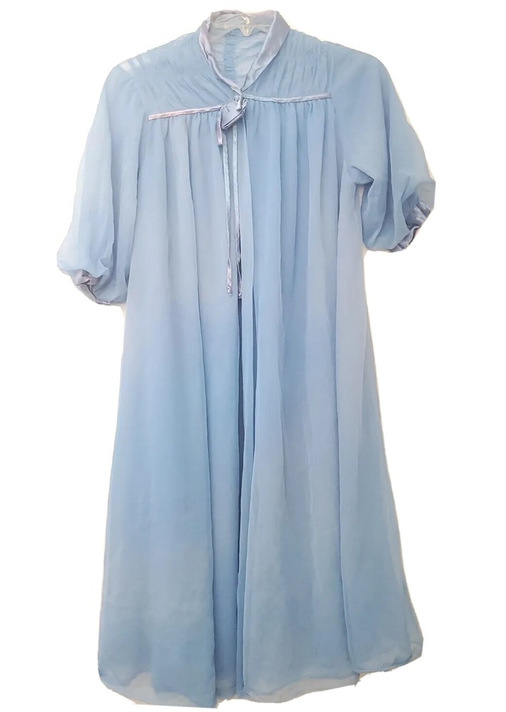 Vtg Eve Stillman by Gracette Modest Sheer Nightgown Blue Satin Puffed Sleeve