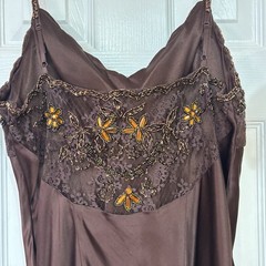 Cache Brown Silk Beaded Lace Handkerchief Hem Dress Women’s M Fits S Vintage