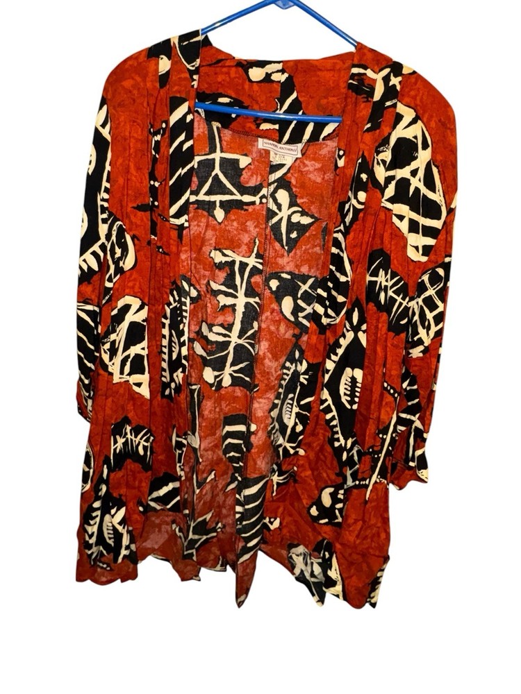VTG Sharon Anthony Kimono Jacket 22W Red Black Abstract Tribal Art Wear Duster