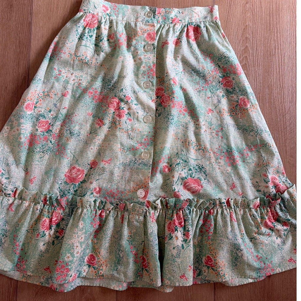 Vintage JCPenney Fashions Floral Button Front Ruffle Midi Skirt XS size 26