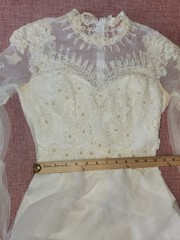VTG 1970s Beaded Wedding Dress High Neck Illusion Lace Angel Sleeve ILGWU Train