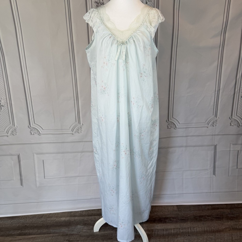 Vintage 80s Stardust Cottagecore Boho Blue Floral Lace Maxi Nightgown Size L USA