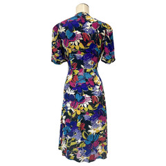 Vintage 1940s Rayon Jewel Toned Screenprinted Floral A-line Day Dress