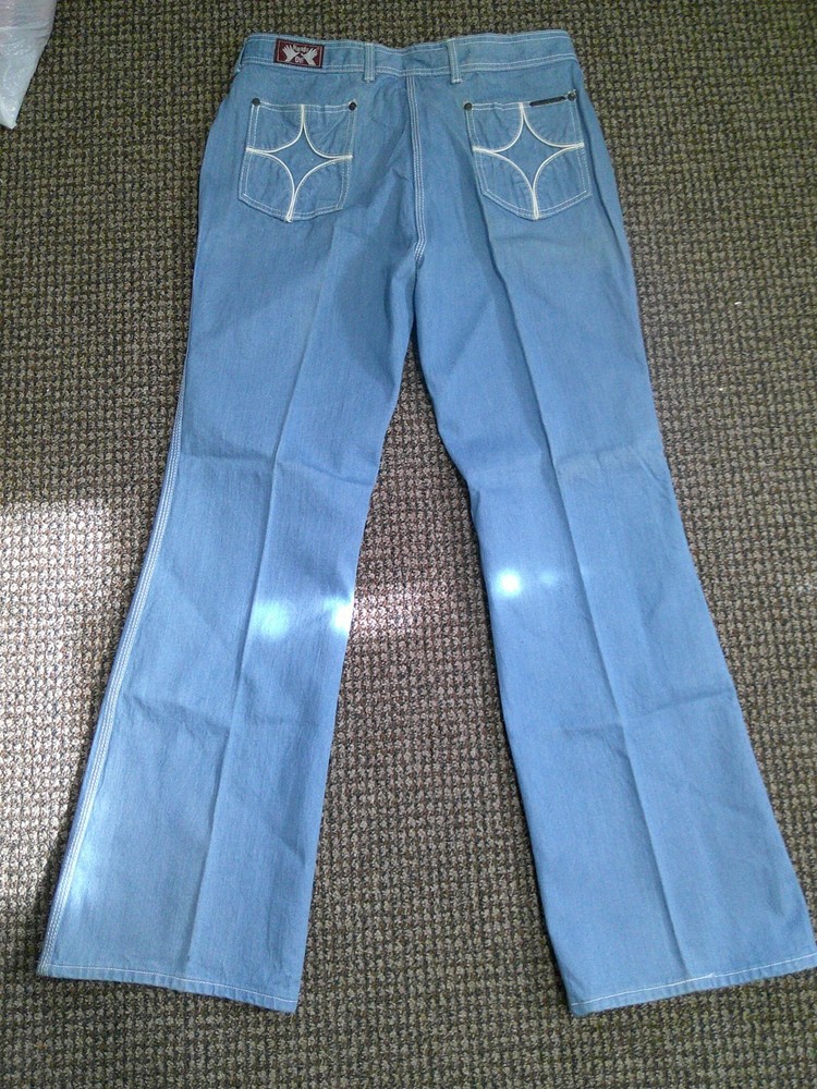 NWT Vtg 70s HANDS OFF Lt Denim White Piping Flare Bell Bottom Jeans 34 X 33 NOS