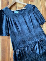 Vintage 80 Black Short Sleeve Dress Bow Puff Rose Print Prom Midi Size 10-12