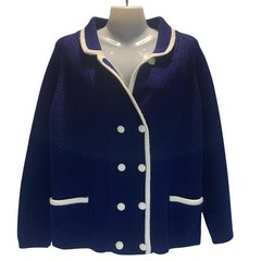 Women’s Vintage Navy Blue Double Breasted Cardigan Sweater White Trim Nautical