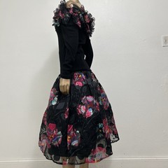 Vintage 80s Raul Blanco Black Pink Tulle Floral Sweater Chiffon Skirt Set Sz XS