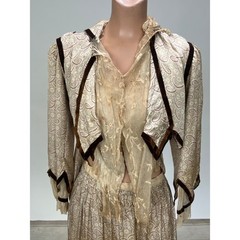 Antique Victorian Beige Printed Silk Two Piece Set Velvet Trim Net Lace Smocking