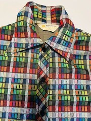 VTG 70s JC Penney Fashions Button Up Poly Tartan Plaid Shirt Top Wide Lapel M**