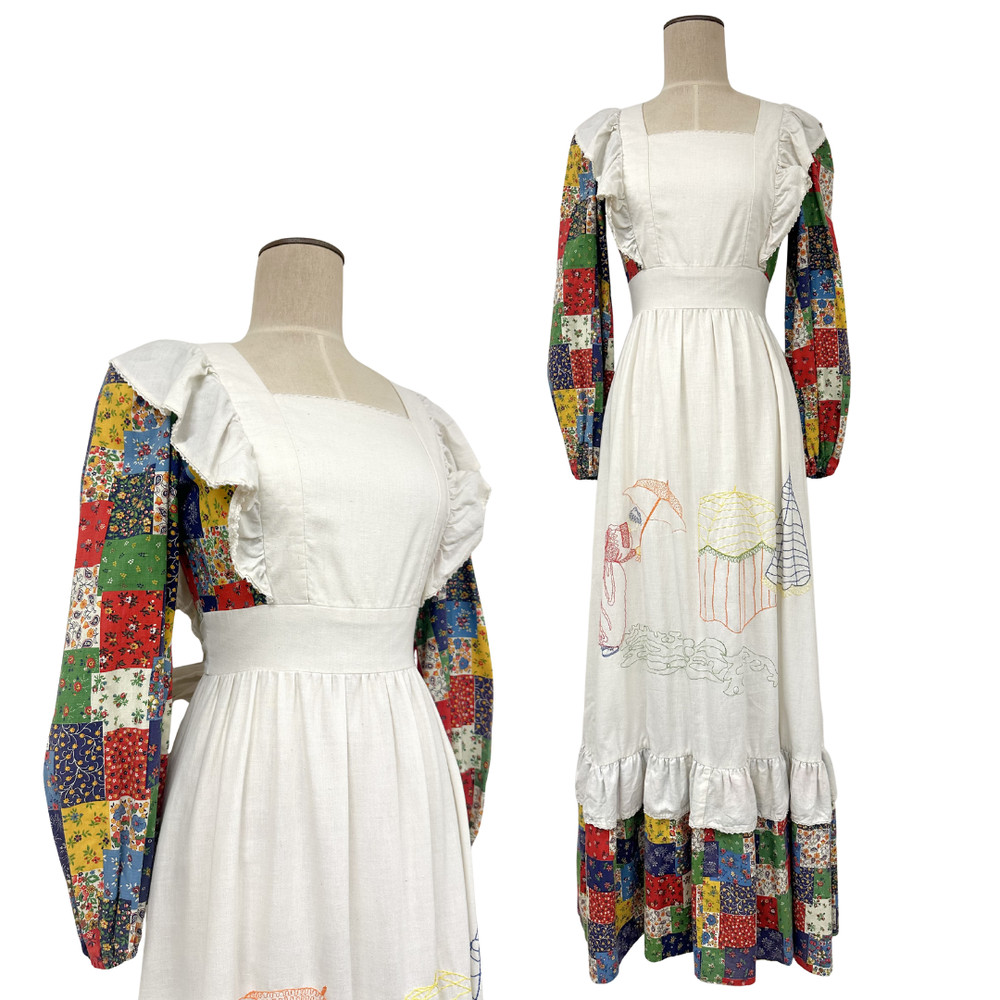 Vintage 1970s Vicky Vaughn Patchwork Umbrella Embroidered Apron Maxi Dress