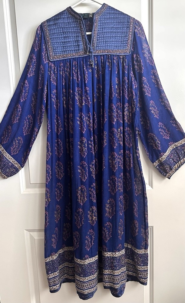 Vintage 70s Phool Style Indian Thin Cotton Blue Purple Dress Boho Hippie Sz M