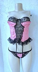 VTG 80s Bubblegum Pink Black Lace Satin Ruffle Strapless Fairy Garter Set Large