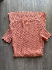 Salmon pink vintage open crochet mid length zipper back dress 60s or 70s 1970s