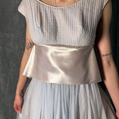 VTG 1950s Pale Blue Pleated Chiffon Satin Dress Tulle Petticoat McDonalds XS – S