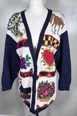 Vintage Talbots Hand Knit Fruit Patriotic School Teacher Cardigan Sweater Sz L